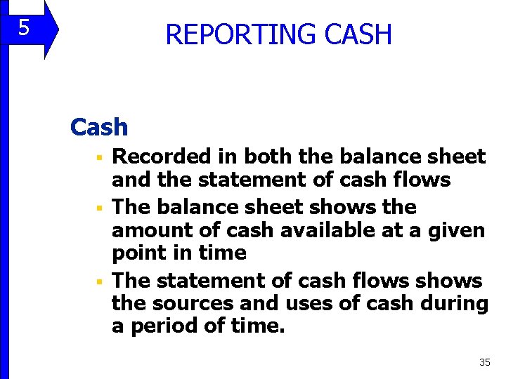 5 REPORTING CASH 11 Cash Recorded in both the balance sheet and the statement