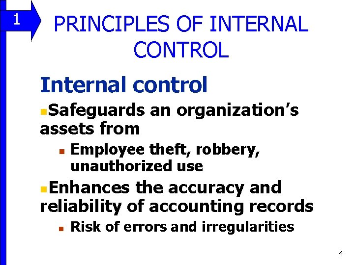 1 PRINCIPLES OF INTERNAL CONTROL 11 Internal control Safeguards an organization’s assets from n