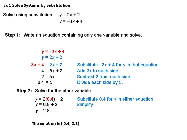 Ex 1 Solve Systems by Substitution Solve using substitution. y = 2 x + Ex 1 Solve Systems by Substitution Solve using substitution. y = 2 x +