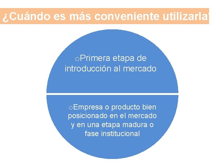 ¿Cuándo es más conveniente utilizarla? o. Primera etapa de introducción al mercado o. Empresa