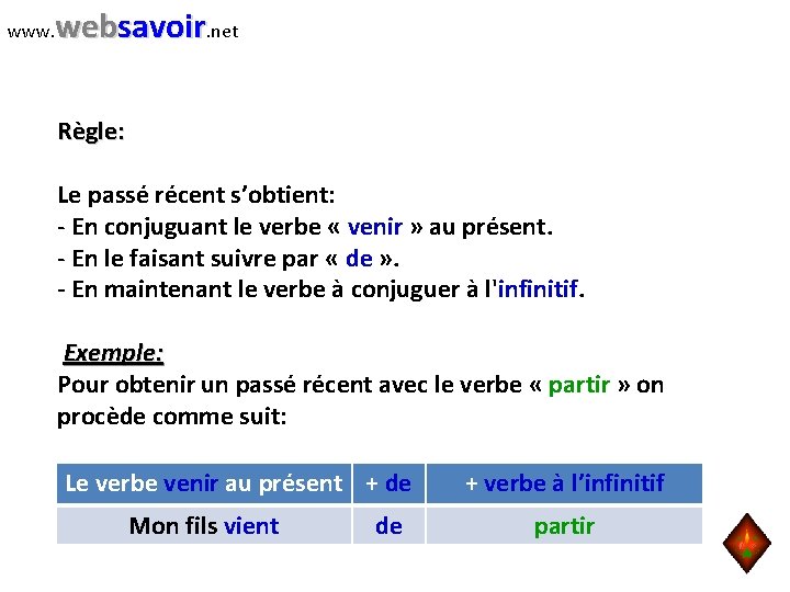 www. websavoir. net Règle: Le passé récent s’obtient: - En conjuguant le verbe «