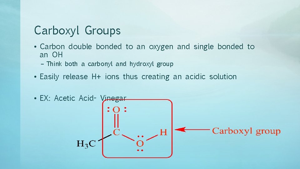 Carboxyl Groups • Carbon double bonded to an oxygen and single bonded to an