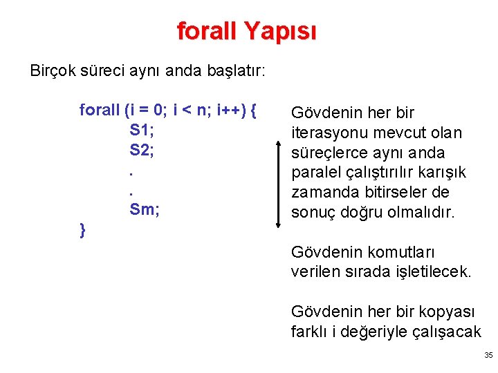 forall Yapısı Birçok süreci aynı anda başlatır: forall (i = 0; i < n;