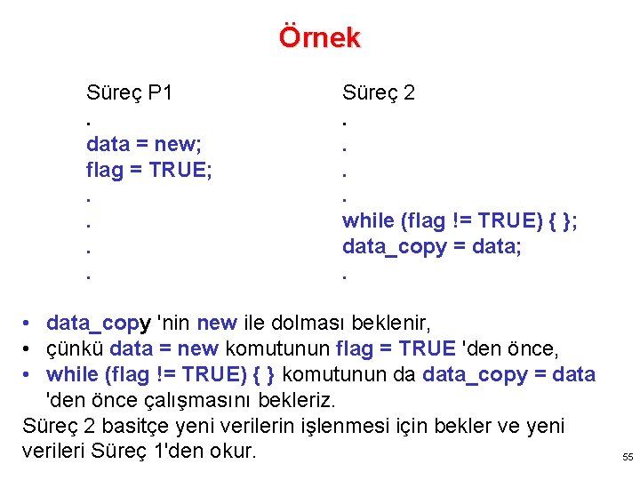 Örnek Süreç P 1. data = new; flag = TRUE; . . Süreç 2.