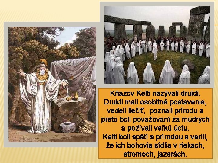 Kňazov Kelti nazývali druidi. Druidi mali osobitné postavenie, vedeli liečiť, poznali prírodu a preto