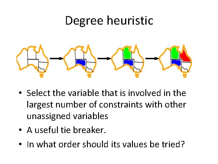 Degree heuristic • Select the variable that is involved in the largest number of