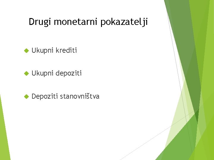 Drugi monetarni pokazatelji Ukupni krediti Ukupni depoziti Depoziti stanovništva 