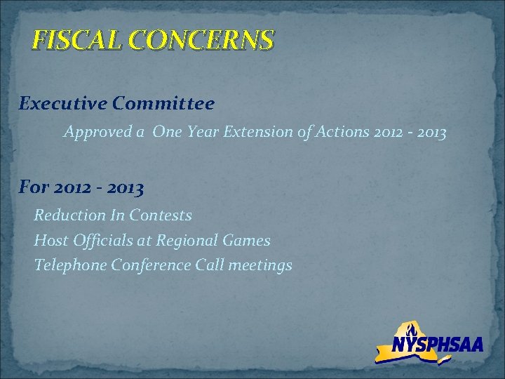 FISCAL CONCERNS Executive Committee Approved a One Year Extension of Actions 2012 - 2013