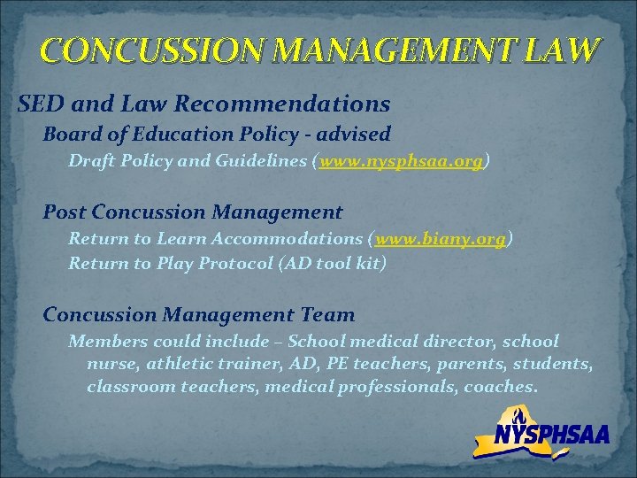 CONCUSSION MANAGEMENT LAW SED and Law Recommendations Board of Education Policy - advised Draft
