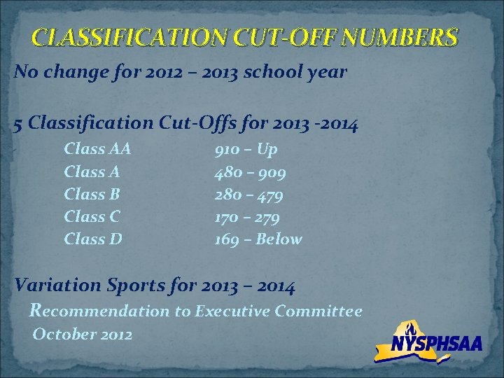 CLASSIFICATION CUT-OFF NUMBERS No change for 2012 – 2013 school year 5 Classification Cut-Offs