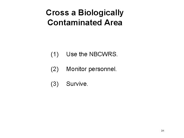 Cross a Biologically Contaminated Area (1) Use the NBCWRS. (2) Monitor personnel. (3) Survive.