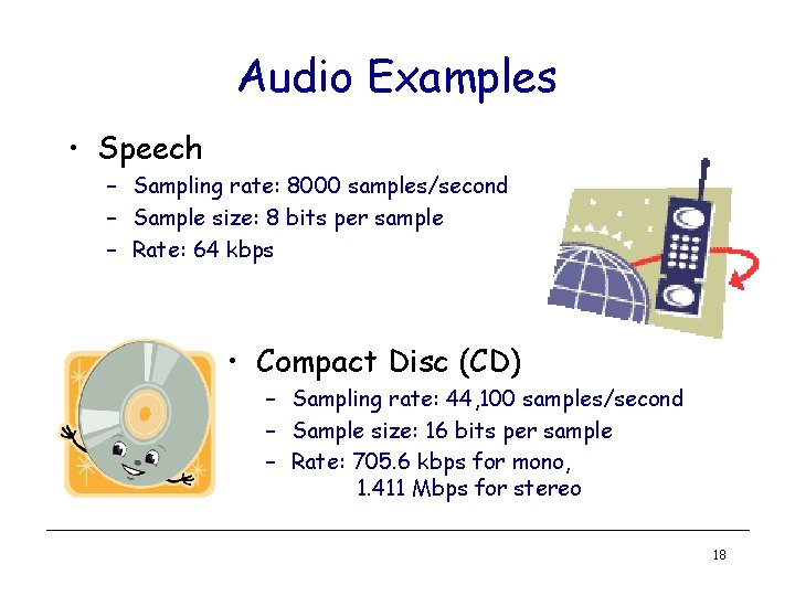 Audio Examples • Speech – Sampling rate: 8000 samples/second – Sample size: 8 bits