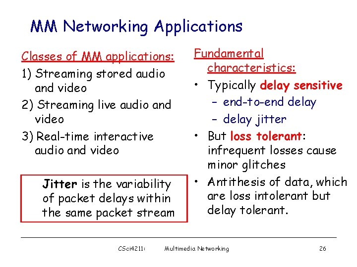 MM Networking Applications Classes of MM applications: 1) Streaming stored audio and video 2)
