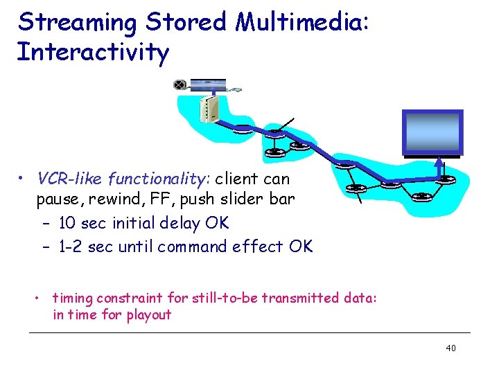 Streaming Stored Multimedia: Interactivity • VCR-like functionality: client can pause, rewind, FF, push slider