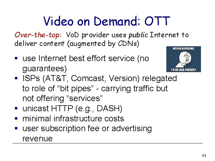 Video on Demand: OTT Over-the-top: Vo. D provider uses public Internet to deliver content