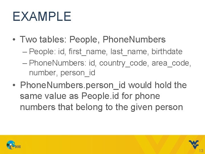 EXAMPLE • Two tables: People, Phone. Numbers – People: id, first_name, last_name, birthdate –