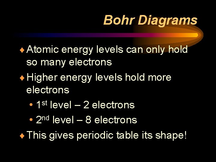 Bohr Diagrams ¨ Atomic energy levels can only hold so many electrons ¨ Higher