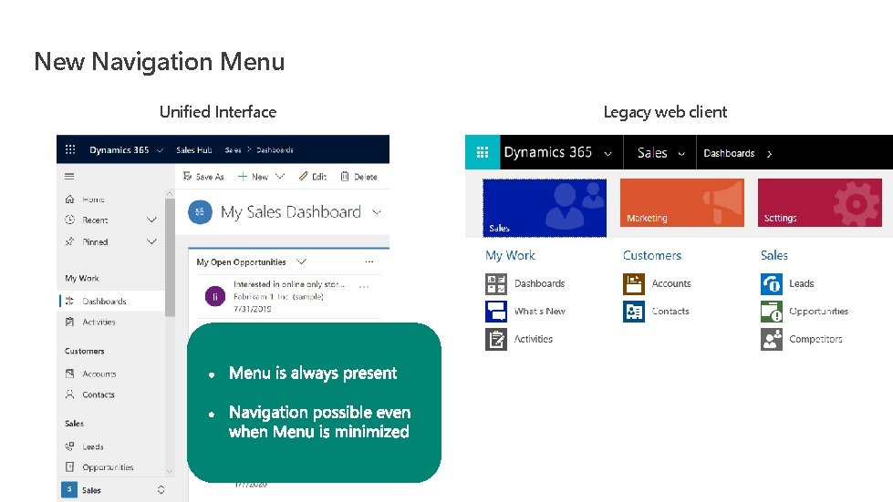 New Navigation Menu Unified Interface Legacy web client 