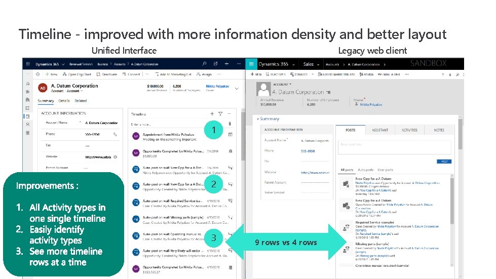 Timeline - improved with more information density and better layout Unified Interface Legacy web