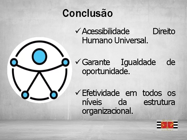 Conclusão ü Acessibilidade Direito Humano Universal. ü Garante Igualdade oportunidade. de ü Efetividade em