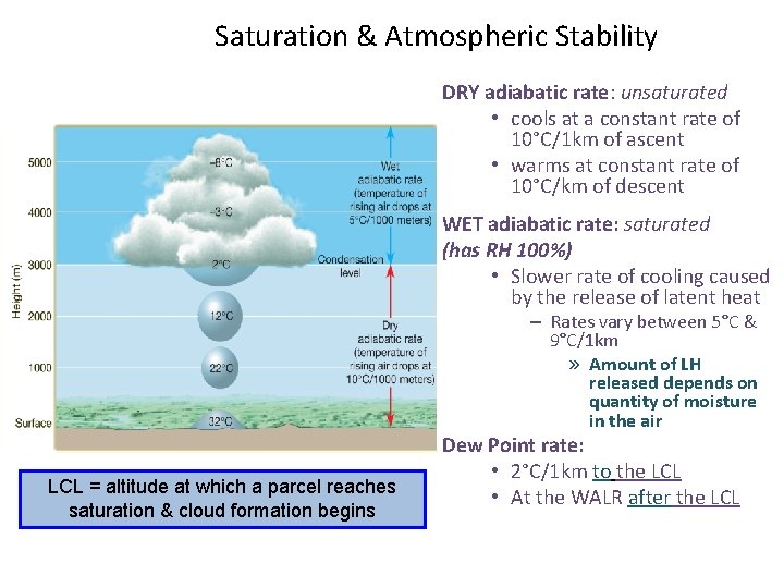 Saturation & Atmospheric Stability DRY adiabatic rate: unsaturated • cools at a constant rate