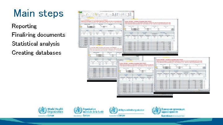 Main steps Reporting Finalizing documents Statistical analysis Creating databases Main steps Reporting Finalizing documents Statistical analysis Creating databases