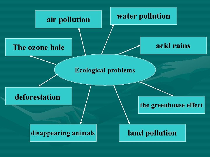 air pollution water pollution acid rains The ozone hole Ecological problems deforestation disappearing animals