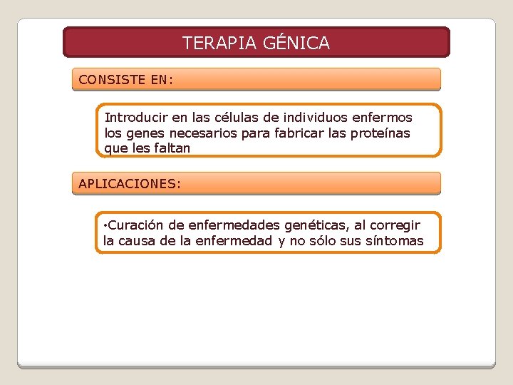 TERAPIA GÉNICA CONSISTE EN: Introducir en las células de individuos enfermos los genes necesarios