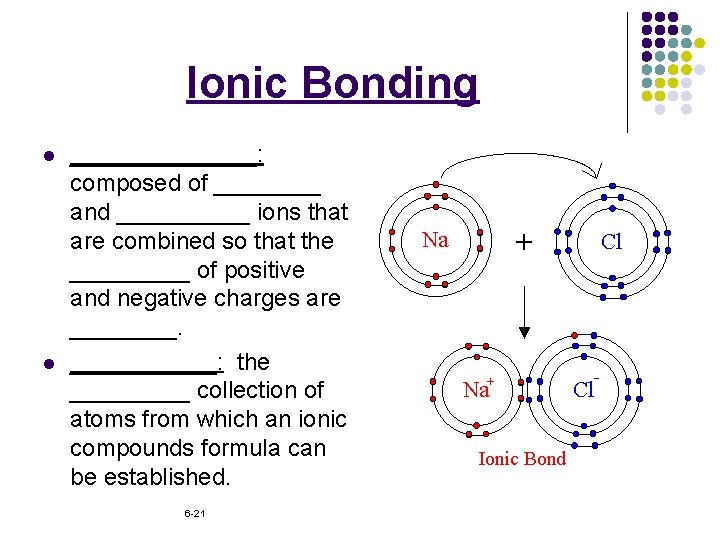 Ionic Bonding l l _______: composed of ____ and _____ ions that are combined