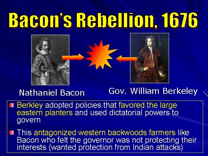 Gov. William Berkeley Nathaniel Bacon Berkley adopted policies that favored the large eastern planters