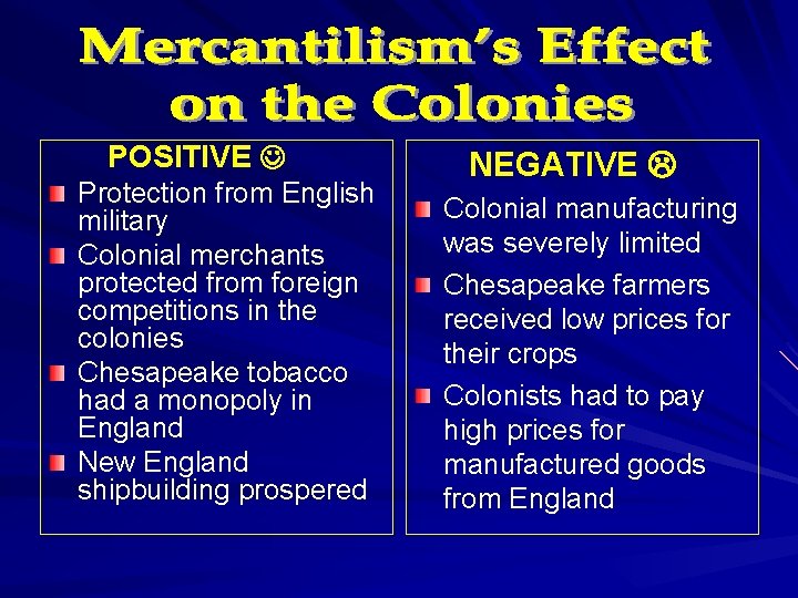 POSITIVE Protection from English military Colonial merchants protected from foreign competitions in the colonies