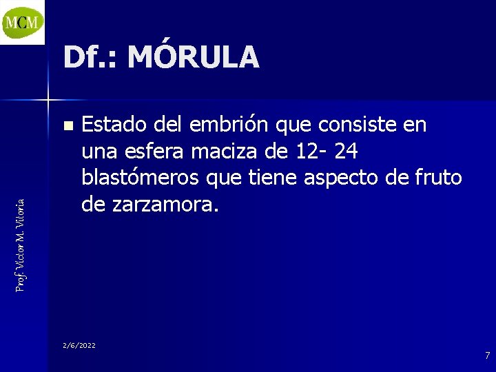 Df. : MÓRULA Prof. Víctor M. Vitoria n Estado del embrión que consiste en