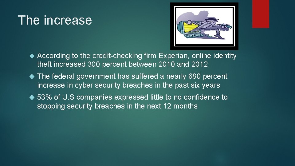 The increase According to the credit-checking firm Experian, online identity theft increased 300 percent