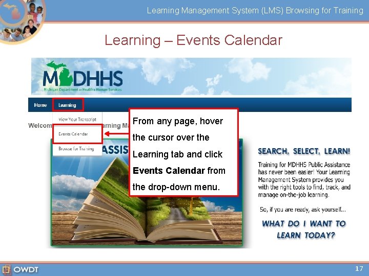 Learning Management System (LMS) Browsing for Training Learning – Events Calendar From any page,