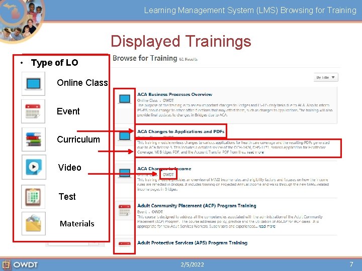 Learning Management System (LMS) Browsing for Training Displayed Trainings • The Type of LO