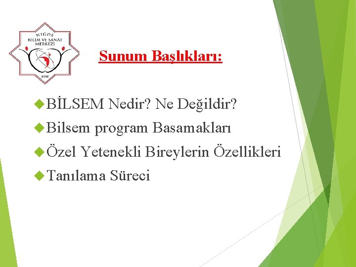 Sunum Başlıkları: BİLSEM Bilsem Özel Nedir? Ne Değildir? program Basamakları Yetenekli Bireylerin Özellikleri Tanılama