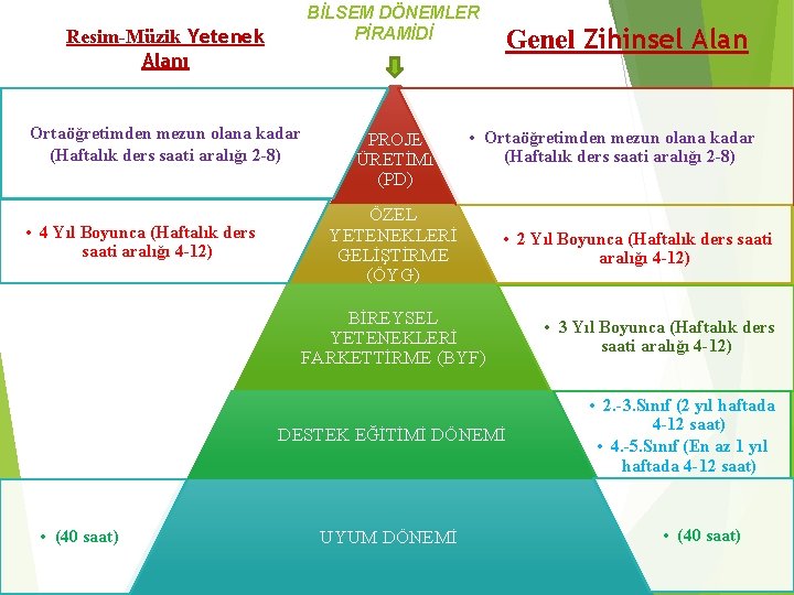 BİLSEM DÖNEMLER PİRAMİDİ Resim-Müzik Yetenek Alanı Ortaöğretimden mezun olana kadar (Haftalık ders saati aralığı