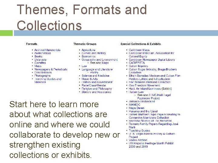 Themes, Formats and Collections Start here to learn more about what collections are online