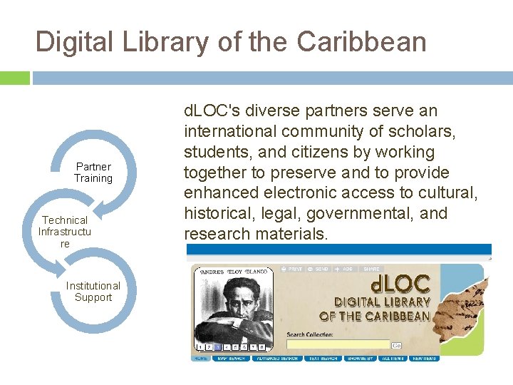 Digital Library of the Caribbean Partner Training Technical Infrastructu re Institutional Support d. LOC's