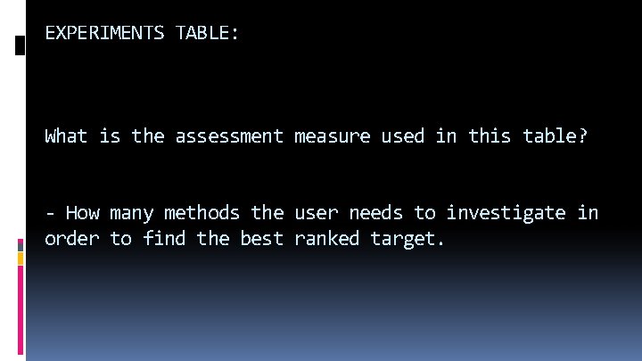 EXPERIMENTS TABLE: What is the assessment measure used in this table? - How many
