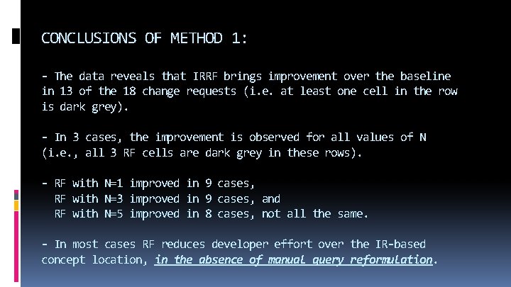CONCLUSIONS OF METHOD 1: - The data reveals that IRRF brings improvement over the