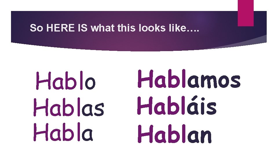 So HERE IS what this looks like…. Hablo Hablas Hablamos Habláis Hablan 