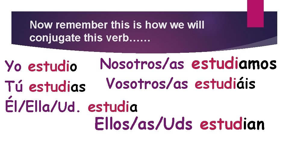 Now remember this is how we will conjugate this verb…… Nosotros/as estudiamos Yo estudio