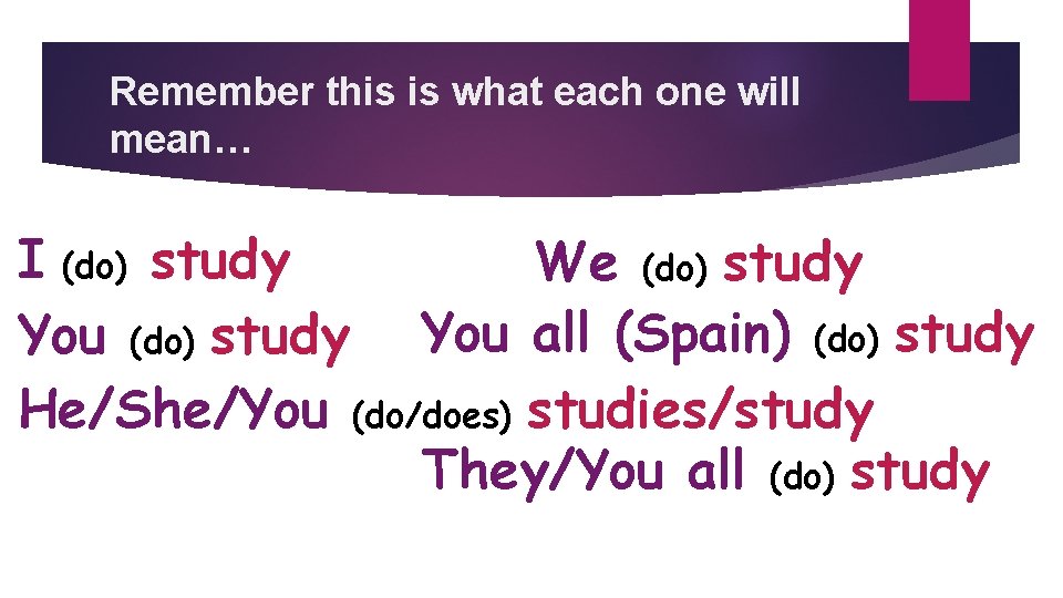 Remember this is what each one will mean… I (do) study We (do) study