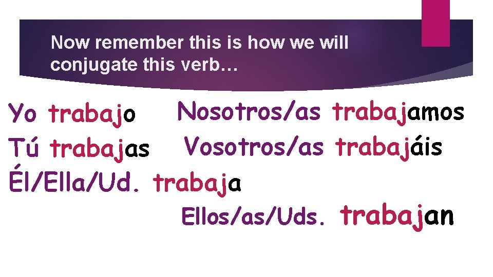 Now remember this is how we will conjugate this verb… Nosotros/as trabajamos Yo trabajo