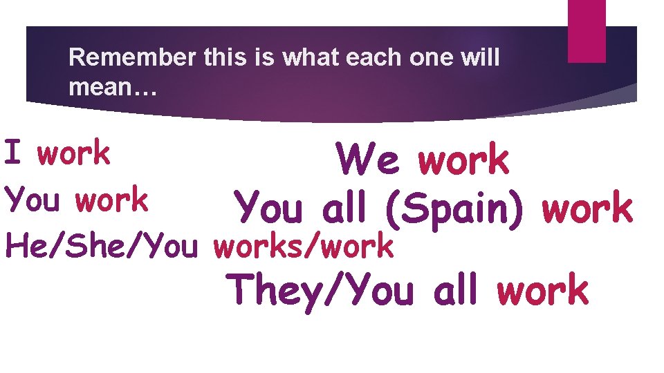 Remember this is what each one will mean… I work We work You all