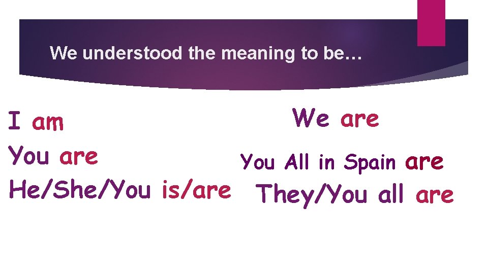 We understood the meaning to be… We are I am You are You All