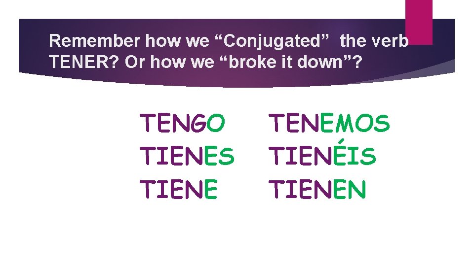 Remember how we “Conjugated” the verb TENER? Or how we “broke it down”? TENGO