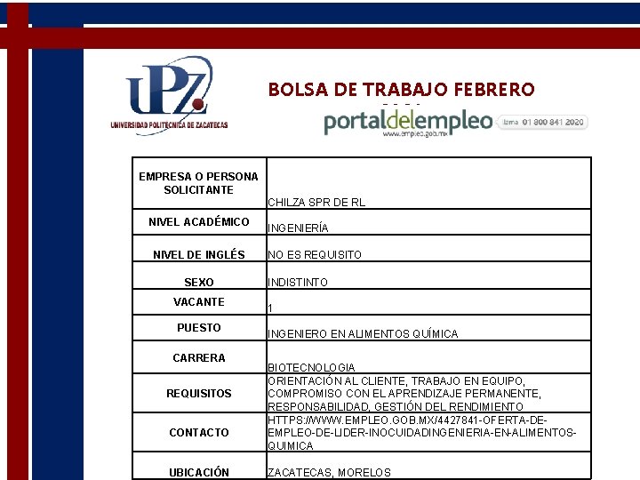 BOLSA DE TRABAJO FEBRERO 2021 EMPRESA O PERSONA SOLICITANTE CHILZA SPR DE RL NIVEL