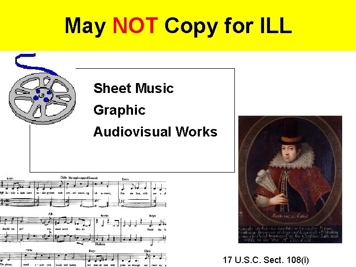 May NOT Copy for ILL Sheet Music Graphic Audiovisual Works 17 U. S. C.